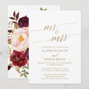 Elegant Guld Calligraphy-Blommigt, herr & fru Bröl Inbjudningar