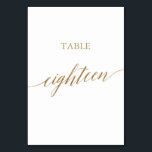 Elegant Guld Calligraphy Bordsnummer 18<br><div class="desc">Det här guld-kalligrafin bord arton-bordsnumret i elegant är perfekt för ett enkelt bröllop. Neutraltens utformning har ett minimalistiskt kort som är dekorerat med romantisk och vismisk faux-folie guld typografi. Kortet skrivs ut på framsidan och baksidan (dubblan). Andra bordsnummer i samlingen säljs separat. Obs! Den här designen har inte äkta guld-folie....</div>