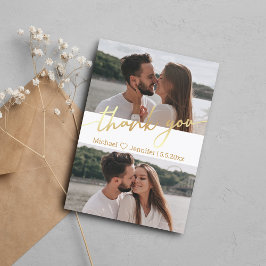 elegant guld calligraphy bröllop 2-fotokollage tack kort