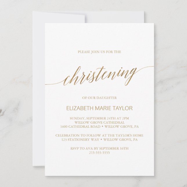 Elegant Guld Calligraphy Christening Inbjudningar (Framsida)