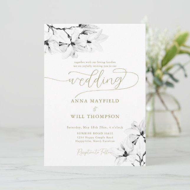 Elegant Guld Calligraphy Classic Magnolia Bröllop Inbjudningar (Stående Fram)