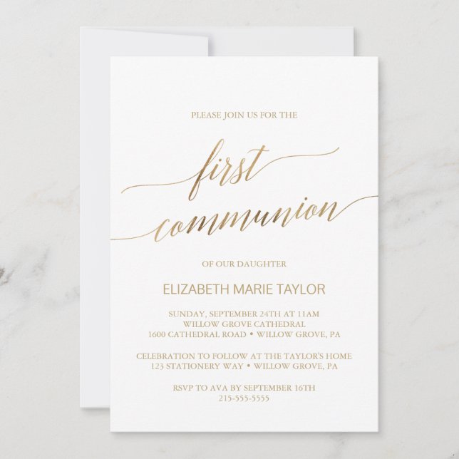 Elegant Guld Calligraphy First Communion Inbjudningar (Framsida)