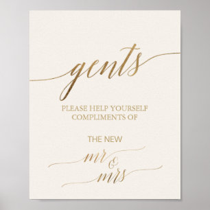 Elegant Guld Calligraphy Ivory Gents Bathroom Sign Poster