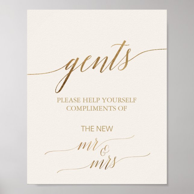 Elegant Guld Calligraphy Ivory Gents Bathroom Sign Poster (Framsidan)