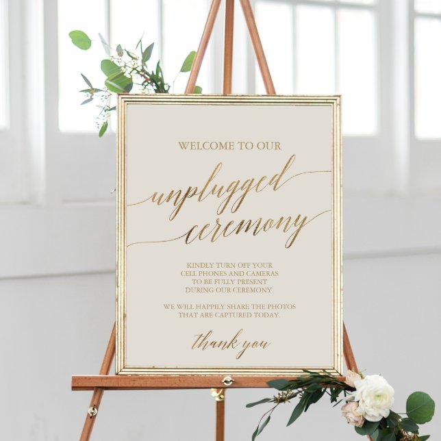 Elegant Guld Calligraphy Ivory Unplugged Ceremony Poster (Skapare uppladdad)