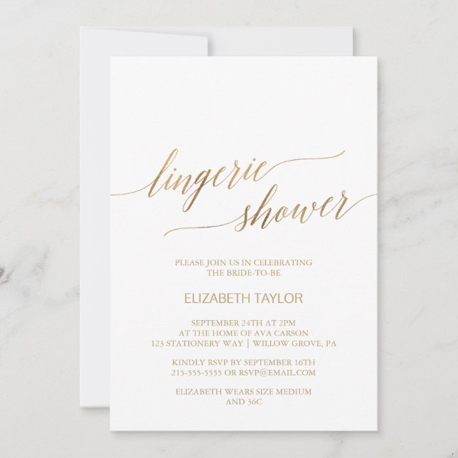 Elegant Guld Calligraphy Lingerie Shower Inbjudningar (Framsida)