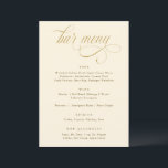 Elegant Guld Calligraphy Luxury Bröllop Pub Menu Meny<br><div class="desc">Indulge i en atmosfär av raffinerad elegans med vår Cream- och Guld-menyskylt Pub. Detta 5 x 7-mästerverk är ett verkligt testamente för opulens och tankfull design, som innehåller ett fantastiskt kalligrafiskt skript som anger scenen för en oförglömlig libationsupplevelse. Inställd mot en grå arbetsyta, kalligrafidansar i guld på ett bra sätt,...</div>