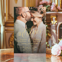 Elegant Guld Calligraphy Modern Photo Bröllop Inbjudningar