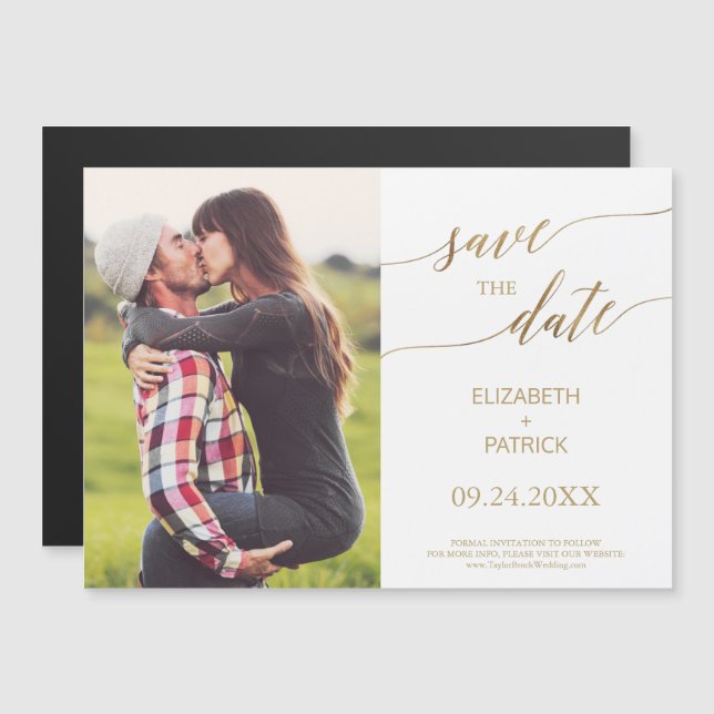 Elegant Guld Calligraphy Photo Save Date Magnetisk Inbjudningskort (Fram/baksida)