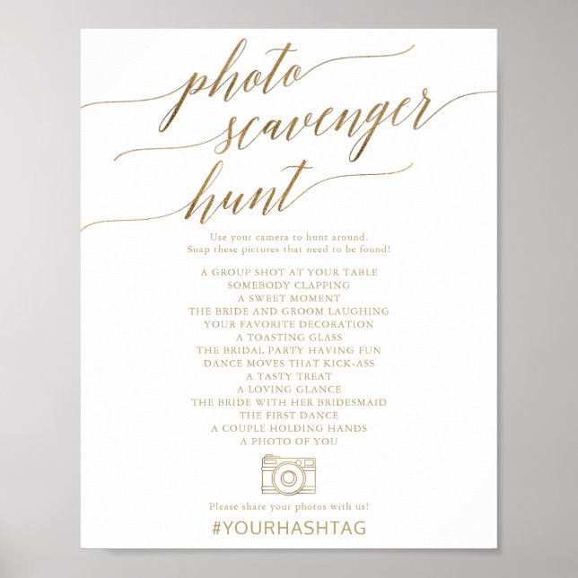Elegant Guld Calligraphy Photo Scavenger Hunt Sign Poster (Framsidan)