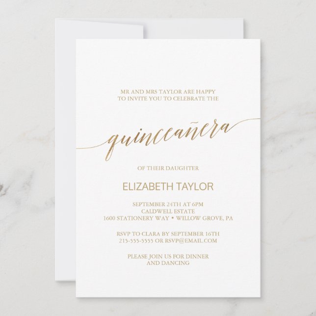 Elegant Guld Calligraphy Quinceañera Inbjudningar (Framsida)