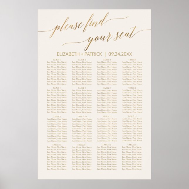Elegant Guld Calligraphy | Sätesdiagram för Elfenb Poster (Framsidan)