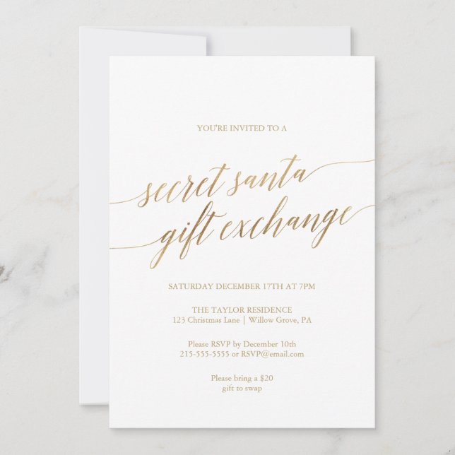 Elegant Guld Calligraphy Secret Santa Inbjudningar (Framsida)
