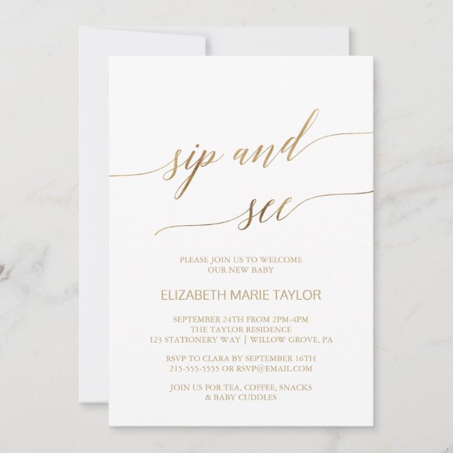 Elegant Guld Calligraphy Sip and See Inbjudningar (Framsida)