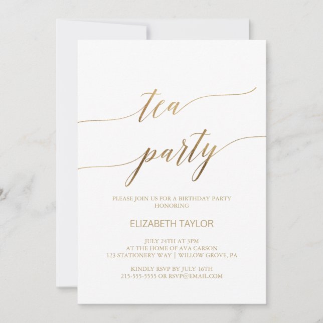 Elegant Guld Calligraphy Tea Party Birthday Inbjudningar (Framsida)