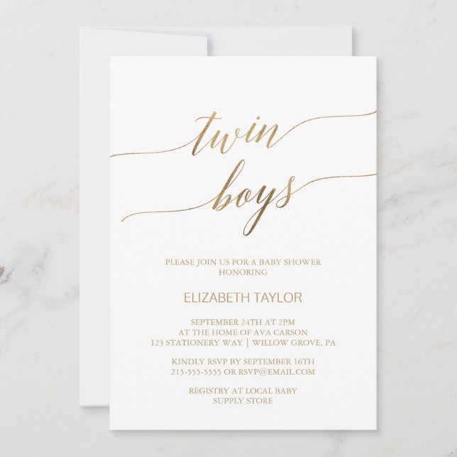 Elegant Guld Calligraphy Twin Boys Baby Shower Inbjudningar (Framsida)