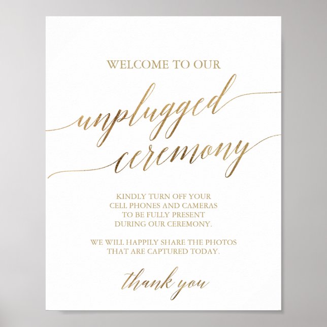 Elegant Guld Calligraphy Unplugged Ceremony Sign Poster (Framsidan)