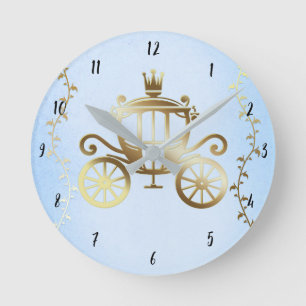 Elegant Guld Carriage Blue Storybook Princess Rund Klocka
