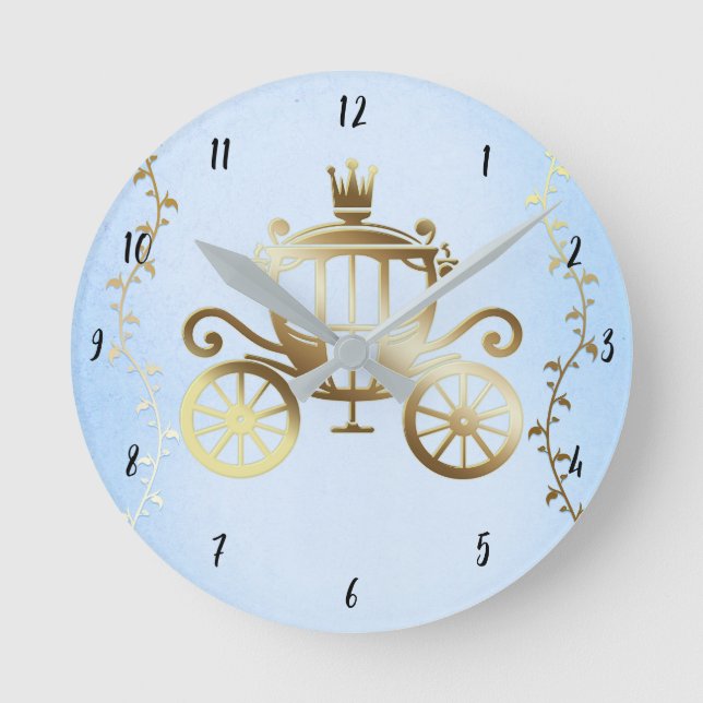 Elegant Guld Carriage Blue Storybook Princess Rund Klocka (Framsida)