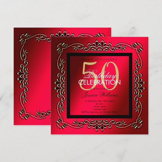 Elegant guld & cerise Kvinnlig 50-årsdag Inbjudningar (Fram/baksida)