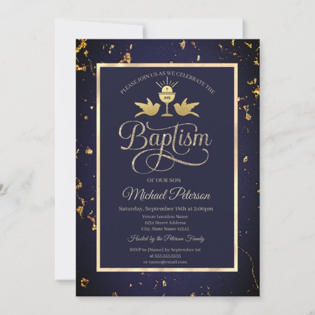 Elegant Guld Chalice Navy Blue Baptism Inbjudningar (Framsida)