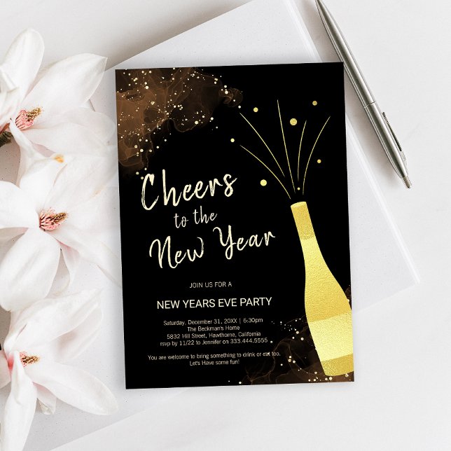 Elegant guld champagne nyårsfest inbjudningar (Elegant Gold Champagne New Year Party Invitation)