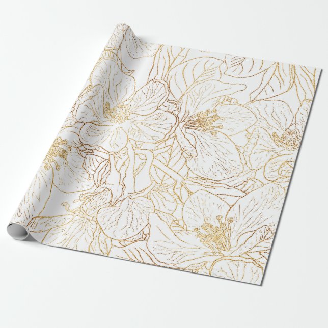 Elegant Guld Cherry Blommar Flowers White Design Presentpapper (Utrullad)