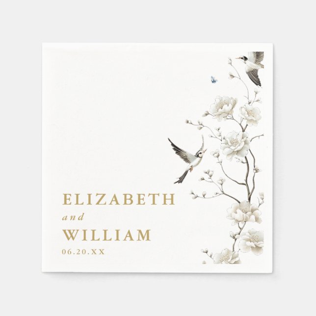 Elegant Guld Chinoiserie Blommigt Garden Wedding Pappersservett (Framsidan)