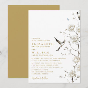 Elegant guld chinoiserie blomster trädgård bröllop inbjudningar