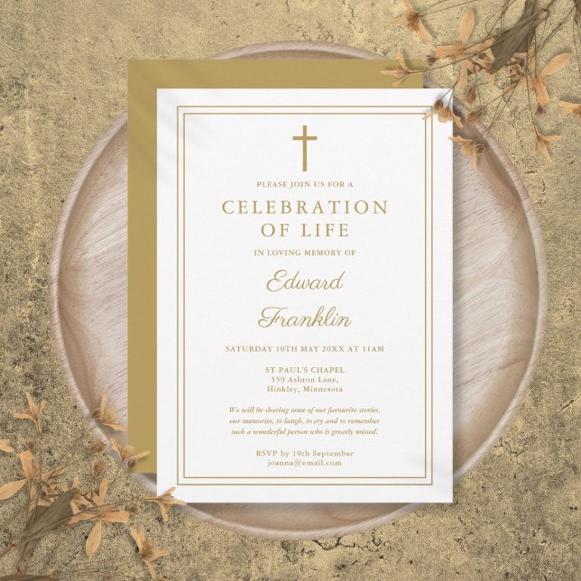 Elegant Guld Christian Firande i livets begravning Inbjudningar (Elegant Gold Christian Celebration Of Life Funeral Invitation)