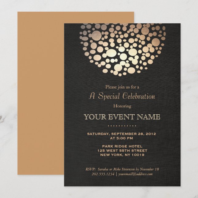 Elegant guld cirkel sfär Svart formell inbjudan (Fram/baksida)