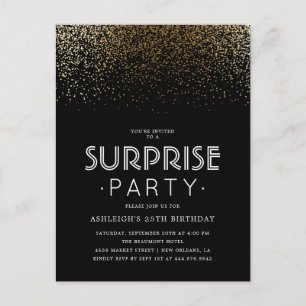 Elegant Guld confetti & Black Surprise Party Inbjudan Vykort