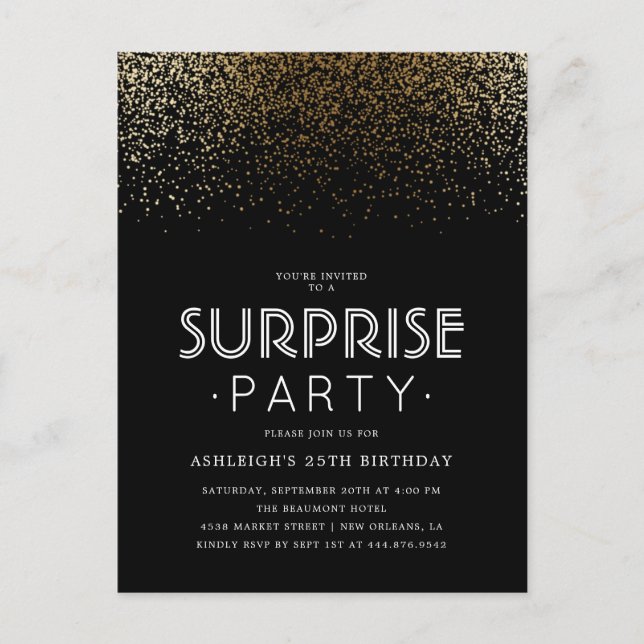 Elegant Guld confetti & Black Surprise Party Inbjudan Vykort (Framsida)