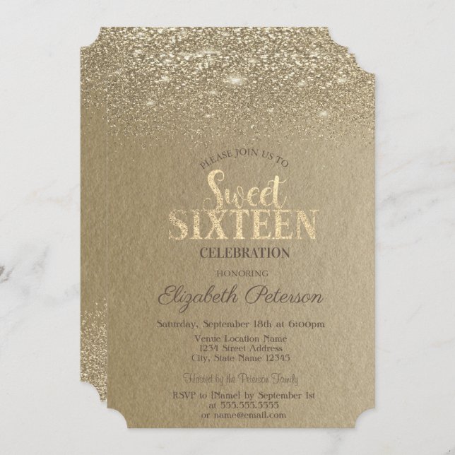Elegant Guld Confetti Diamonds Kraft Sweet 16 Inbjudningar (Fram/baksida)