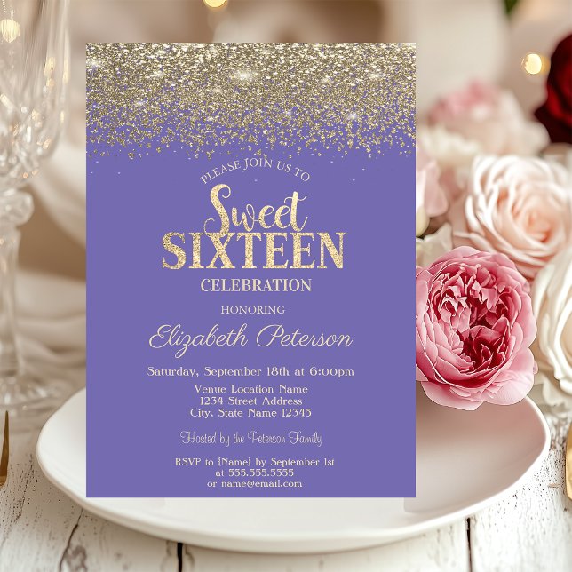 Elegant Guld Confetti Diamonds Lavander Sweet 16 Inbjudningar (Skapare uppladdad)