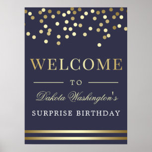 Elegant Guld Confetti & Navy Blue Welcome Sign Poster