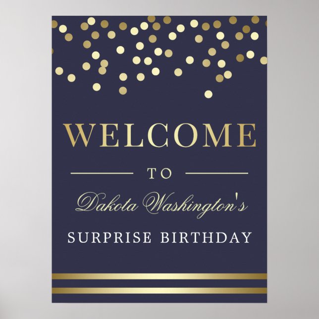 Elegant Guld Confetti & Navy Blue Welcome Sign Poster (Framsidan)