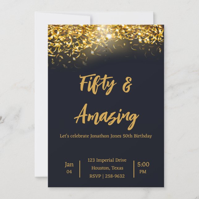 Elegant Guld confetti på svart | 50:e födelsedagen Inbjudningar (Framsida)
