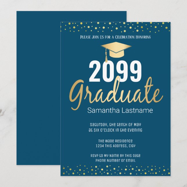 Elegant Guld Confetti Student, klass 2022 Inbjudningar (Fram/baksida)