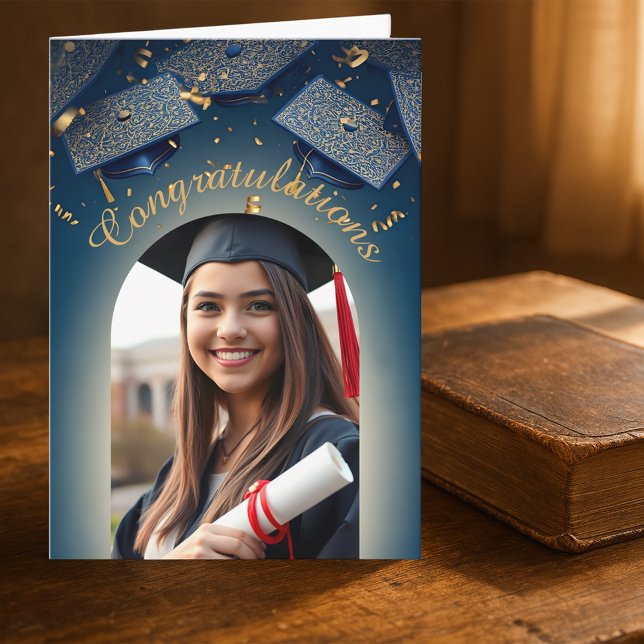 Elegant Guld Confetti Studenten med fotobåge Kort (Skapare uppladdad)