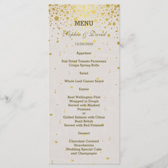 Elegant Guld Confetti White Leather Bröllop Menu Meny (Framsida)