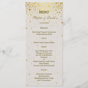 Elegant Guld Confetti White Leather Bröllop Menu Meny