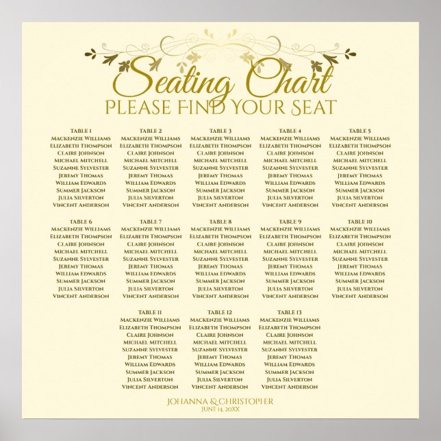 Elegant Guld Cream 13 Bord Bröllop, sittplatsplan Poster (Framsidan)