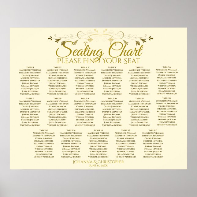 Elegant Guld Cream 17 Bord Bröllop, sittplatsplan Poster (Framsidan)