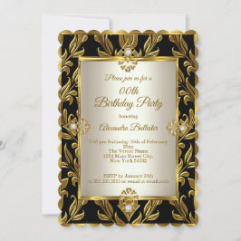 Elegant Guld Cream Damask Black Födelsedagsfest Inbjudningar