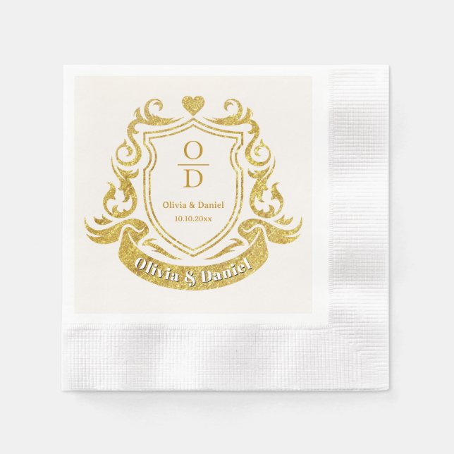 Elegant guld crest bröllop I monogram & datum Pappersservett (Framsidan)
