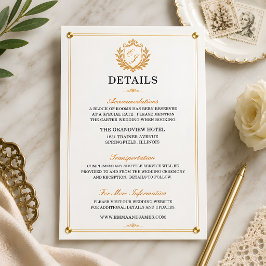 Elegant Guld Crest Bröllopsdetaljer Bifogad Kort