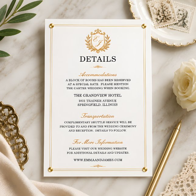 Elegant Guld Crest Bröllopsdetaljer Bifogad Kort (Elegant Gold Crest Wedding Details Enclosure Card)