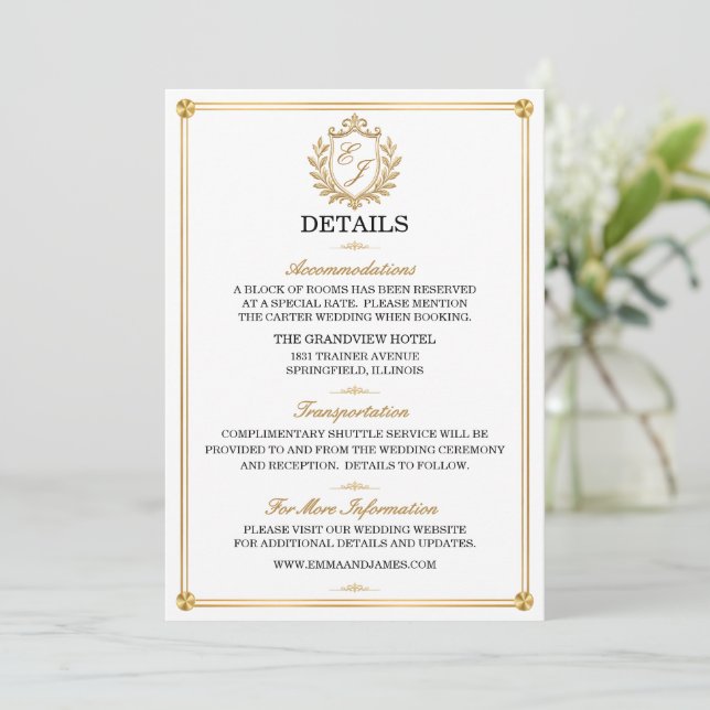 Elegant Guld Crest Bröllopsdetaljkort Inbjudningar (Stående Fram)