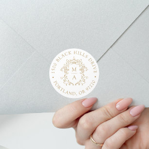 Elegant Guld Crest Bröllopsreturadress Runt Klistermärke